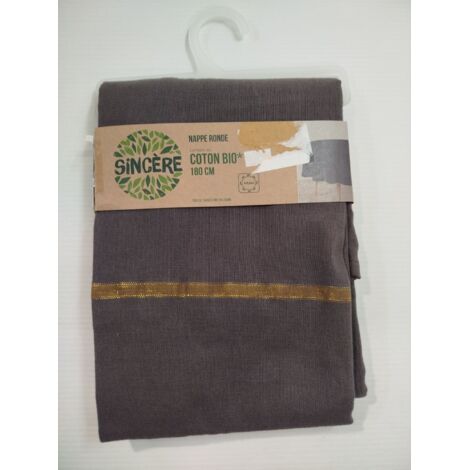 SINCÈRE - Nappe ronde - 180 cm - 100% Coton Bio - Gris et liseré doré - Écoresponsable - Voir photos