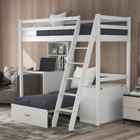 main image of "Single 3FT Loft Bed Frame With Bookshelf and Retractable Pullout Bed, Storage, High Sleeper Bunk Bed, Children Bed with Solid Pine Wood for Kids ,90X190CM(White)"