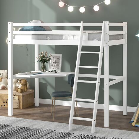 main image of "Single 3FT Loft Bed Frame With Desk High Sleeper Bunk Bed, Children Bed with Solid Pine Wood for Kids ,90X190CM(White)"