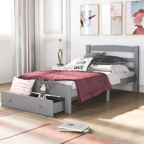 Single Bed Frame With Storage Wooden Bed Frame With Drawer, 90x190 cm, For Adults, Kids,Teens Grey