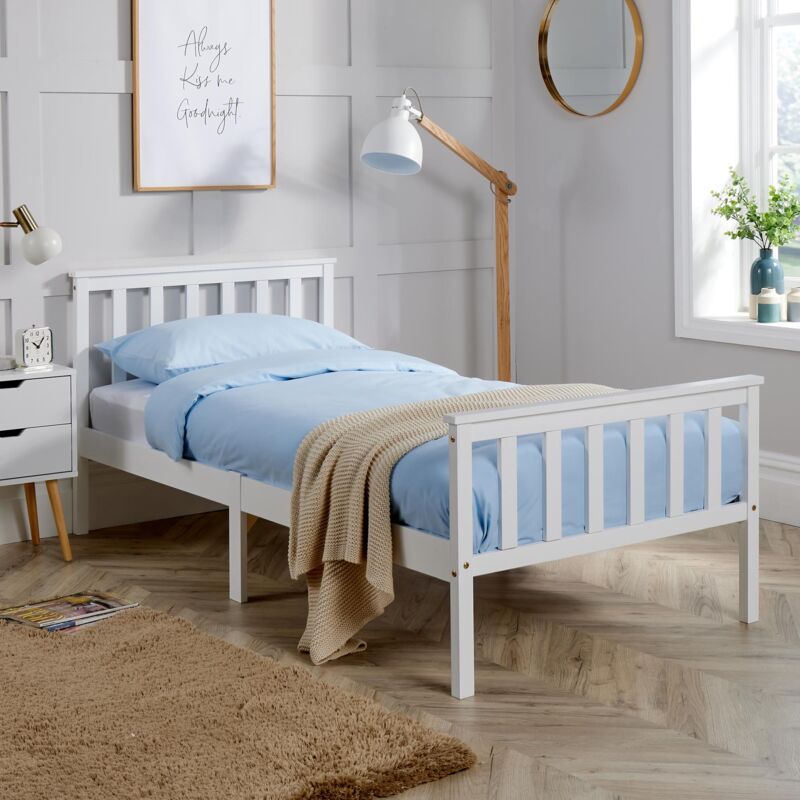 Single Bed White Wooden 3ft Childrens Bed Headboard High End Slatted Base - White