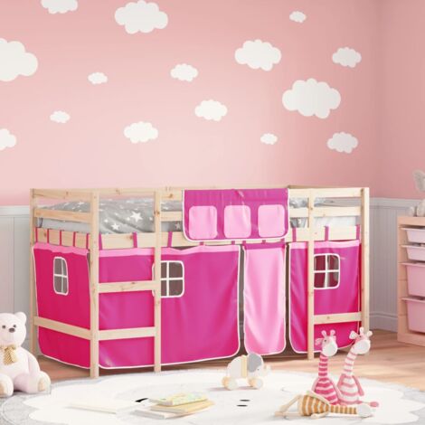 Single Bed，Children's bed，Kids' Loft Bed with Curtains without Mattress Pink 90x190cm VSVS470342
