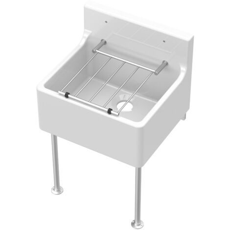 Single Bowl Fireclay Ceramic Cleaner Sink with Grill & Legs, 455 x 362 x 396 - White/Chrome