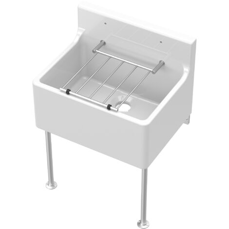 Single Bowl Fireclay Cleaner Sink with Grill & Legs, 515mm x 382mm x 393mm - White/Chrome - Balterley