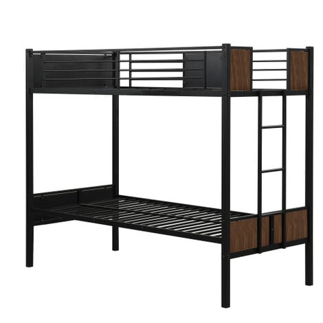 Single Bunk Bed 2 x 3 FT Bed Frame, High Sleeper Bedstead Modern Metal and MDF, strong Slat & built in-Ladder & full-wrapped Guardrail, for Kids/Teenagers/Adults, in Black+Brown, 90*190cm