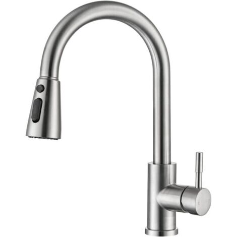 Single-handle kitchen faucet in brushed nickel with pull-out spray head, modern and commercial style, in stainless steel