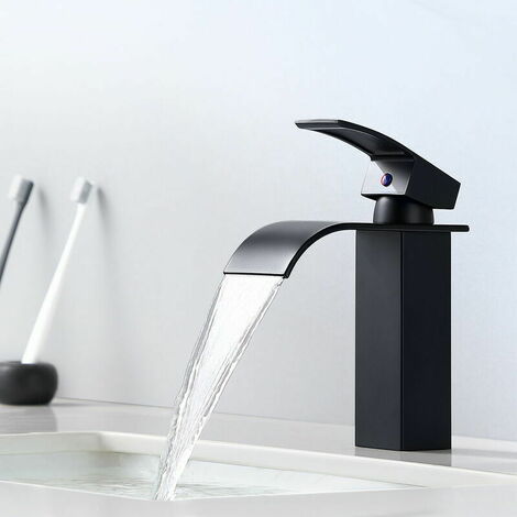 Single Handle Waterfall Basin Faucet Black Modern Single Handle Bathroom Faucet for Countertop Basin Taps Suitable for Inset Washbasin