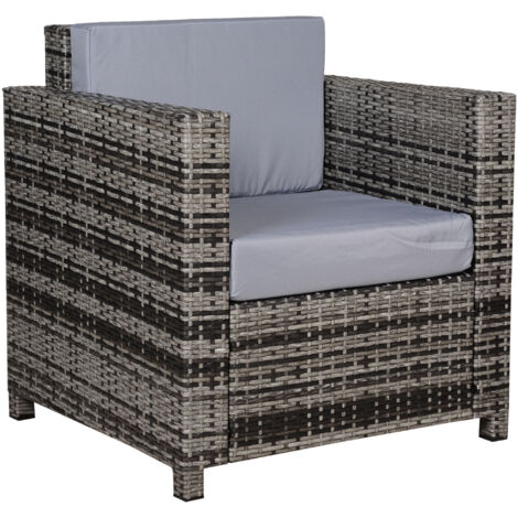 Single Seater Rattan Chair Sofa with 10 cm Thick Padded Cushion, All-Weather PE Wicker Weave Garden Armchair with Armrests, Grey