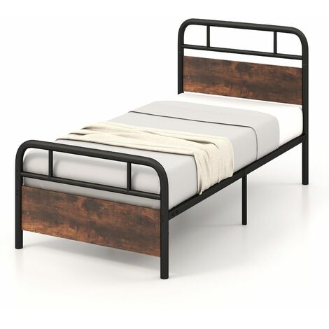 Single Size Bed Frame Platform Metal Slats Support Bed W/ Industrial Headboard