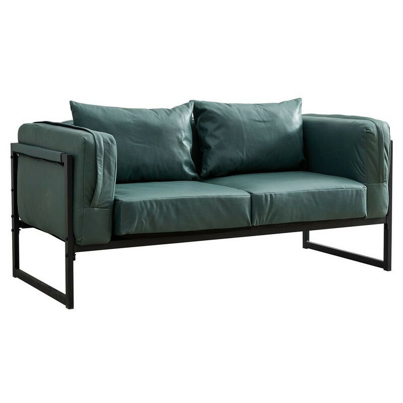 2 Seater Sofa Loveseat Couch Industrial Style Faux Leather Living Room Armchair with Metal Frame Small Apartment Upholstered Sofa Green