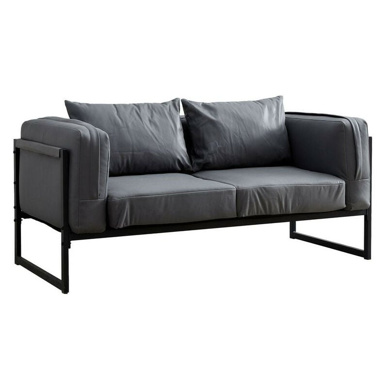 Clipop - 2 Seater Sofa Loveseat Couch Industrial Style Faux Leather Living Room Armchair with Metal Frame Small Apartment Upholstered Sofa Grey