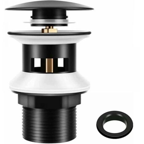 Sink Drain with Overflow Matte Black, Chonphan Universal G1 1/4" Brass Pop-up Valve Sink Drain, Click-Clack, Tool-Free Installation