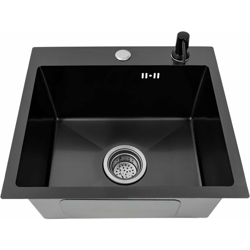 Senderpick - Sink Évier de cuisine en acier inoxydable, noir, 40 x 45 cm, évier à encastrer avec dispositif d'écoulement