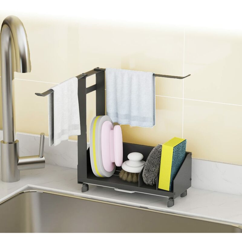 Tumalagia - Sink Sponge Holder, Sink Storage Towel Rack, Removable Tray, Self-adhesive & Countertop