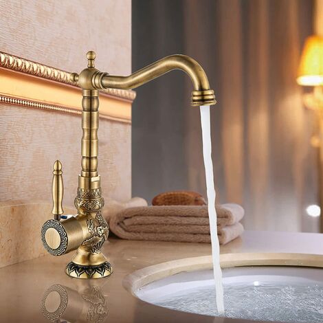 SUGUWORD Sink Vessel Tap Single Handle Antique Brass Rotating Spout One Handle Deck Mounted Cold Hot Water