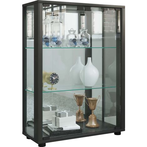 Sintalo Vitrinenschrank mit Spiegel 2 Glastüren Inkl. LED-Leuchten schwarz.