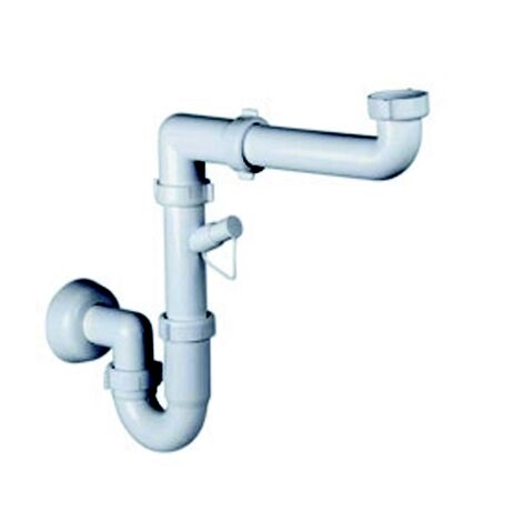 Siphon 1 voie pour e'vier en polypropyle'ne sans vidange avec raccord 1"  pour lave-linge et lave-vaisselle a' faible encombrement