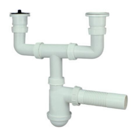 Siphon de lavabo à 2 compartiments – Crépine et bouchon en PVC – Sans trop-plein – Longueur 40cm, hauteur 15cm - SYF033