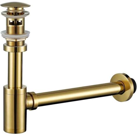 Siphon de lavabo de salle de bain rond en laiton en forme de P de 1,5 pouce avec trop-plein et bouchon de vidange escamotable Hauteur réglable pour siphon de lavabo Kit d'assemblage de tuyau de vidang