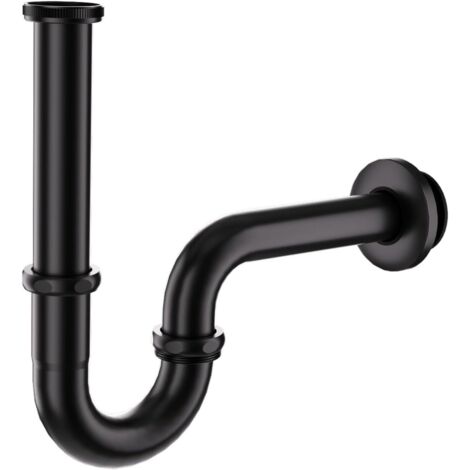 Siphon de Lavabo, Siphon Universel Tuyau D'écoulement Normalisé 11/4", Anti Odeur Anti-fuite, Manchon en Caoutchouc Tube Plongeur Allongé et Tube Mural pour Lavabo & Table de Toilette Noir Mat