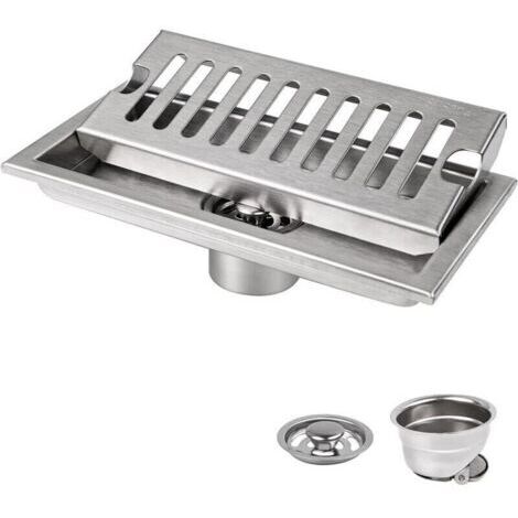 Siphon de Sol, 20 x 10 cm Siphon de Sol Rectangulaire, Argent Siphon de Sol avec Grille en Acier Inoxydable, Convient pour WC, Salle de Bain, Cuisine, Balcon