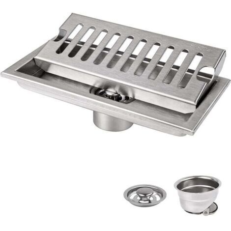 Siphon de Sol, 20 x 10 cm Siphon de Sol Rectangulaire, Argent Siphon de Sol avec Grille en Acier Inoxydable, Convient pour WC, Salle de Bain, Cuisine, Balcon