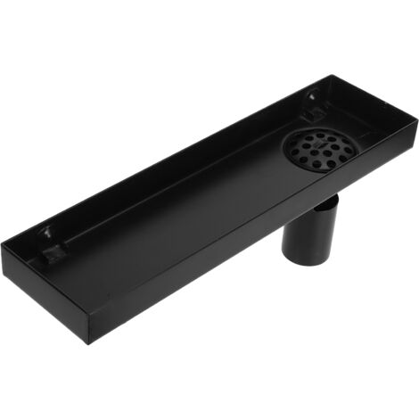 Siphon de sol de 30 cm en acier inoxydable 304, noir mat, modèle linéaire encastré avec couvercle amovible，sortie d'eau latérale