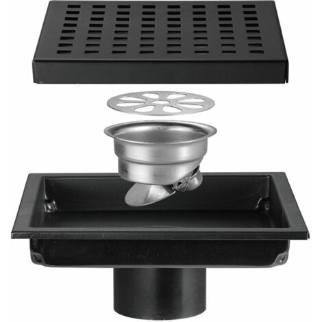 Siphon de sol de douche carré avec couvercle de grille amovible, acier inoxydable SUS 304, noir