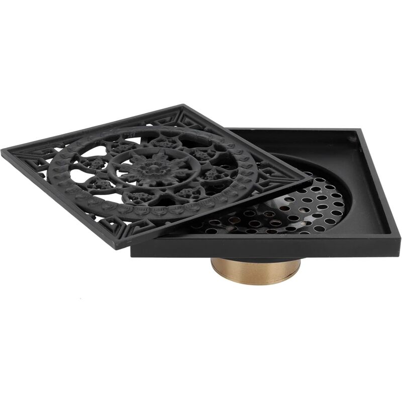 Siphon De Sol Exterieur, 10 10 cm Tout Cuivre Drain de Sol de Salle de Bain Noir Drain de Sol Invisibles Anti-Odeur Modèle Vintage Couvercle de Drain