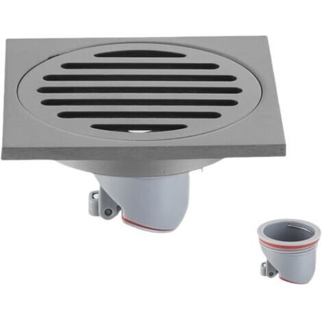 Siphon de sol pour salle de bain, acier inoxydable gris, grande capacité, convient aux salles de douche, finition brossée striée, à usage unique.