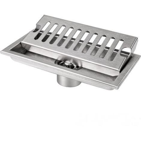 Siphon de sol rectangulaire 20 x 10 cm avec grille en acier inoxydable pour toilettes, salle de bain, argent