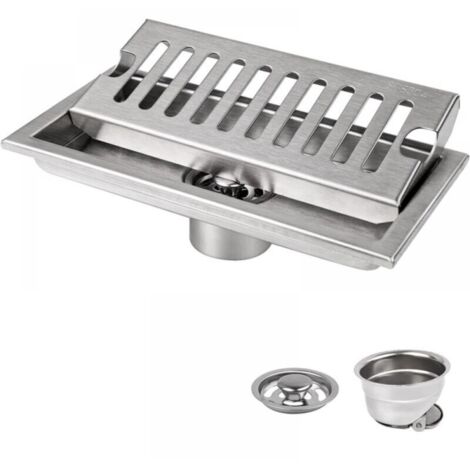 Siphon de sol rectangulaire 20 x 10 cm, siphon de sol argenté avec grille en acier inoxydable, adapté aux toilettes et salles de bains