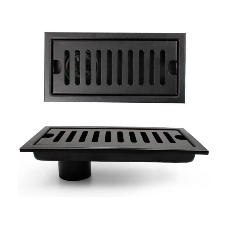 Gotrays - Siphon de sol rectangulaire avec piège à odeurs, caniveau de douche 20 × 10 cm avec clapet anti-retour, siphon de sol vertical noir avec