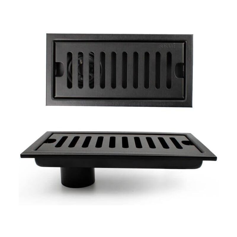 Siphon de sol rectangulaire avec piège à odeurs, caniveau de douche 20 × 10 cm avec clapet anti-retour, siphon de sol vertical noir avec grille en