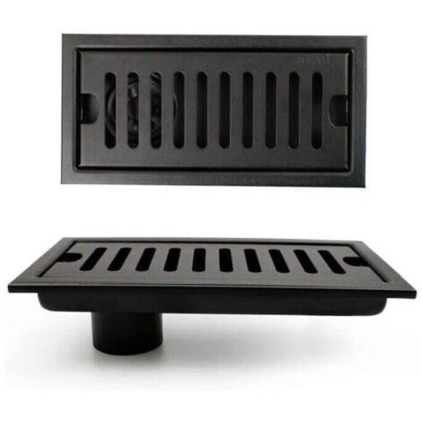 Siphon de sol rectangulaire avec piège à odeurs, siphon de douche 20 × 10 cm avec clapet anti-retour, siphon de sol vertical noir avec grille en acier inoxydable, convient pour toilettes, cuisine,