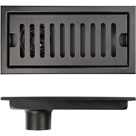 Siphon de sol rectangulaire, siphon de sol allongé en acier inoxydable noir 20 × 10 cm, siphon de sol de douche déodorant