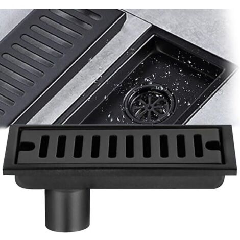 Siphon de sol rectangulaire, siphon de sol en acier inoxydable noir 20x10 cm siphon de sol de douche avec double filtre pour WC salle de bain drainage cuisine balcon