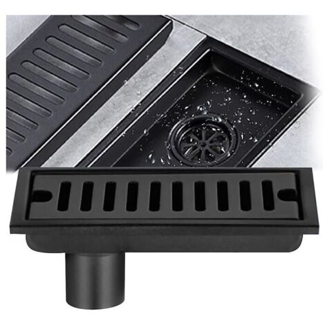Siphon de sol rectangulaire, siphon de sol en acier inoxydable noir 20x10 cm siphon de sol de douche avec double filtre pour WC salle de bain drainage cuisine balcon