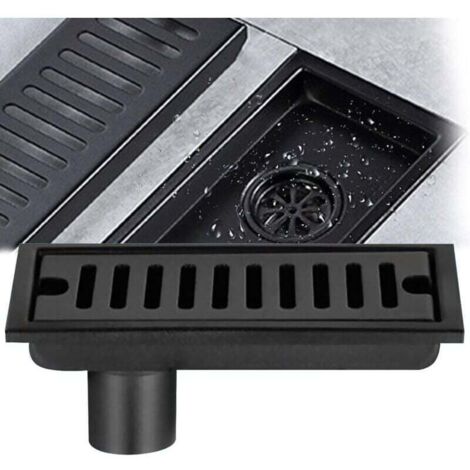 Siphon de sol rectangulaire, siphon de sol en acier inoxydable noir 20x10cm siphon de sol de douche avec double filtre adapté au drainage de la salle de bain des toilettes balcon de la cuisine