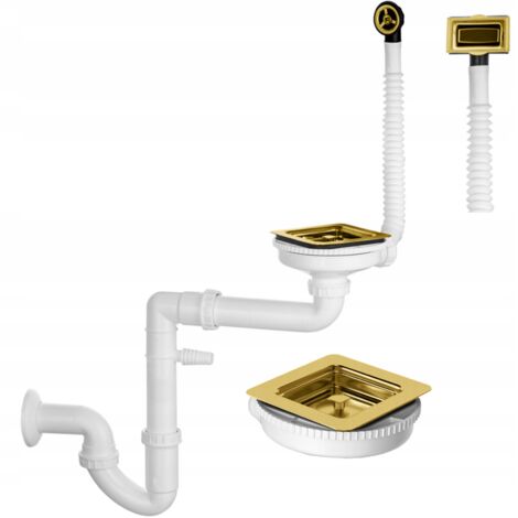 Siphon d'évier 1 bac avec bonde carrée moderne double trop-plein compatible lave-vaisselle design compact couleur or