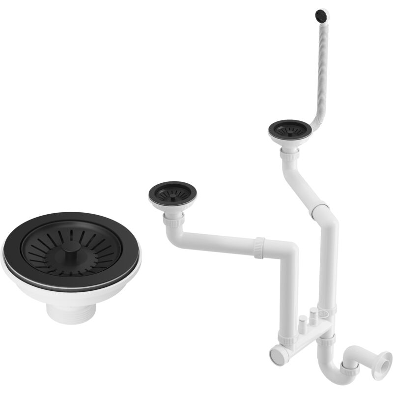 Siphon Évier Double Bac Noir Granitan Mural Manuel G avec Système Antidébordement et Raccordement Lave-linge/Lave-vaisselle