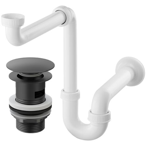 Siphon Économiseur d'Espace pour Lavabo + Grand Bouchon Clik Clak en Laiton Chromé Sans Trop-Plein