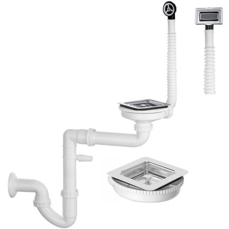 Siphon Évier 1 Bac Carré Granitan Manuel avec Trop-Plein et Raccord Lave-Vaisselle ou Lave-Linge