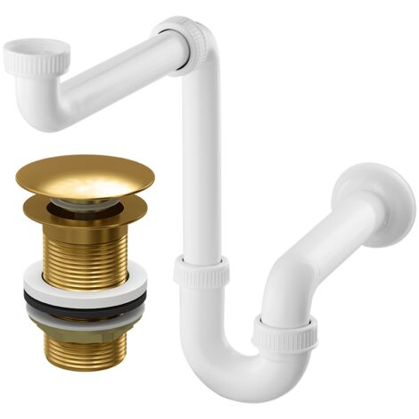Siphon Évier Gain de Place PVC Blanc + Bonde Click-Clack Sans Trop-plein Laiton Chromé
