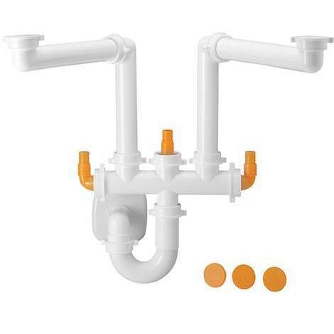 Siphon évier tubulure gain de place pour éviers à 2 cuves – Évacuation 1' 1/2 – Hauteur 285 mm – Compatible machine à laver – Lira