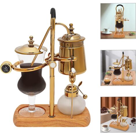 Siphon-Kaffeemaschine, 400 ml, Retro-Kaffeemaschine, Set mit 4 Tassen für zu Hause, Siphon-Kaffeemaschine für zu Hause, passender Holzsockel, goldfarben