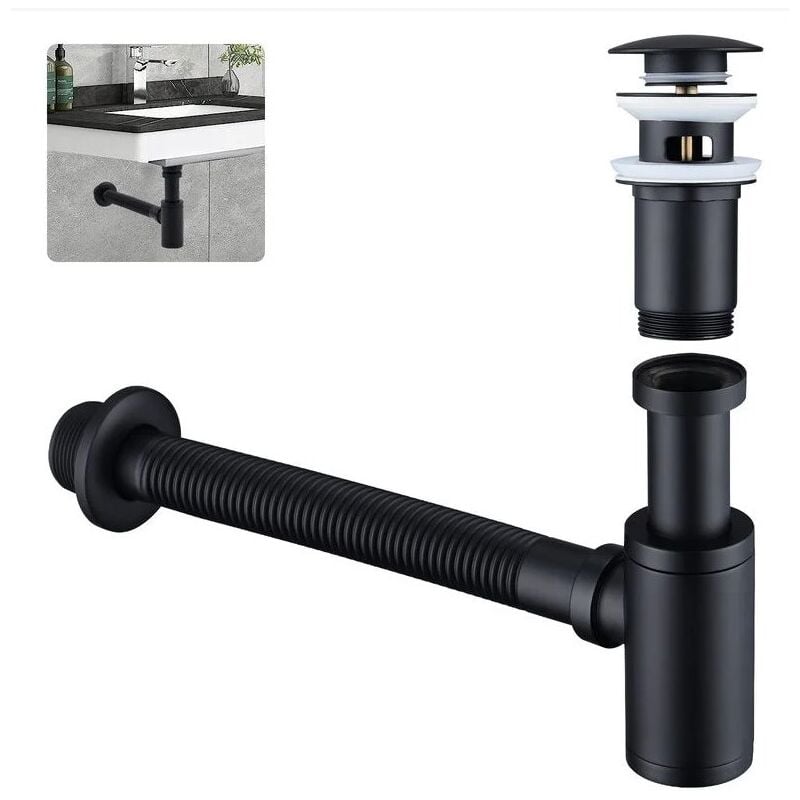 Siphon lavabo avec bonde à valve pop-up, siphon universel en laiton avec bouchon de lavabo et ouverture de nettoyage
