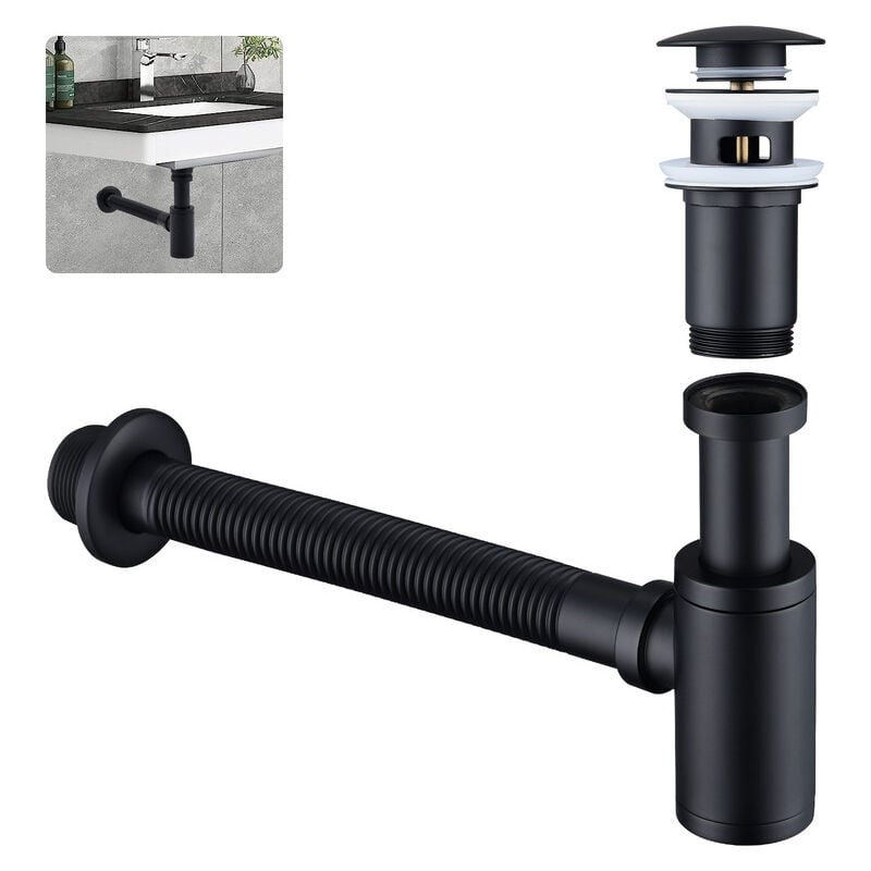 Siphon lavabo avec bonde à valve pop-up, siphon universel en laiton avec bouchon de lavabo et ouverture de nettoyage