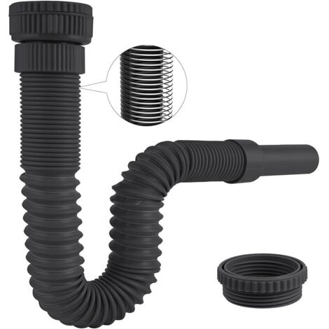 Siphon Lavabo de Bain, Siphon Flexible Anti-Odeurs Avec Fil d'Acier Encastré, G1 1/4" vers G1 1/2" (≈40 & 45mm) x 32mm, Siphon Evier Cuisine, Evacuation Evier, Tuyau de Vidange Flexible,Noir