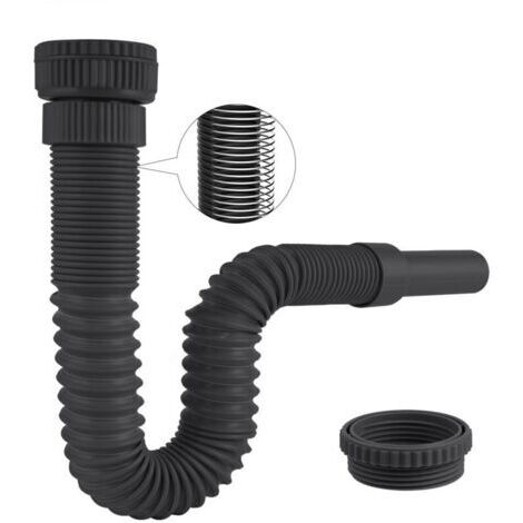 Siphon Lavabo de Bain, Siphon Flexible Anti-Odeurs Avec Fil d'Acier Encastré, G1 1/4" vers G1 1/2" (≈40 & 45mm) x 32mm, Siphon Evier Cuisine, Evacuation Evier, Tuyau de Vidange Flexible,Noir